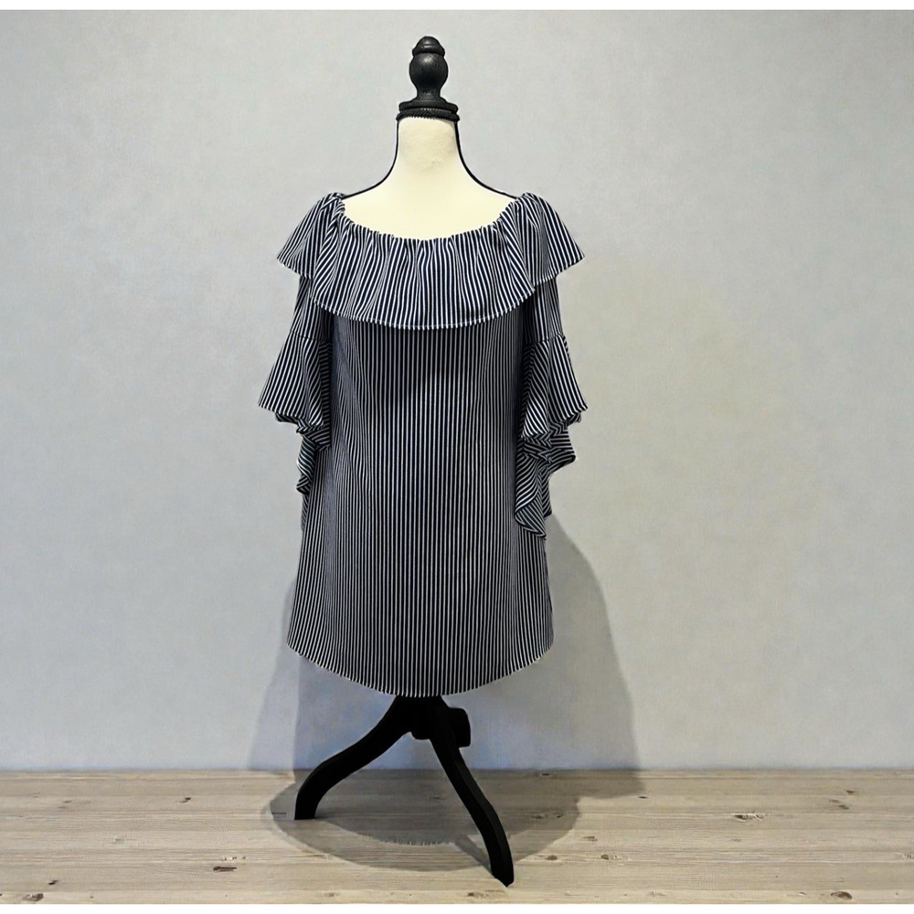 CeCe by Cynthia Steffe Striped Mini Dress Blue White Off The Shoulder Ruffle 4
